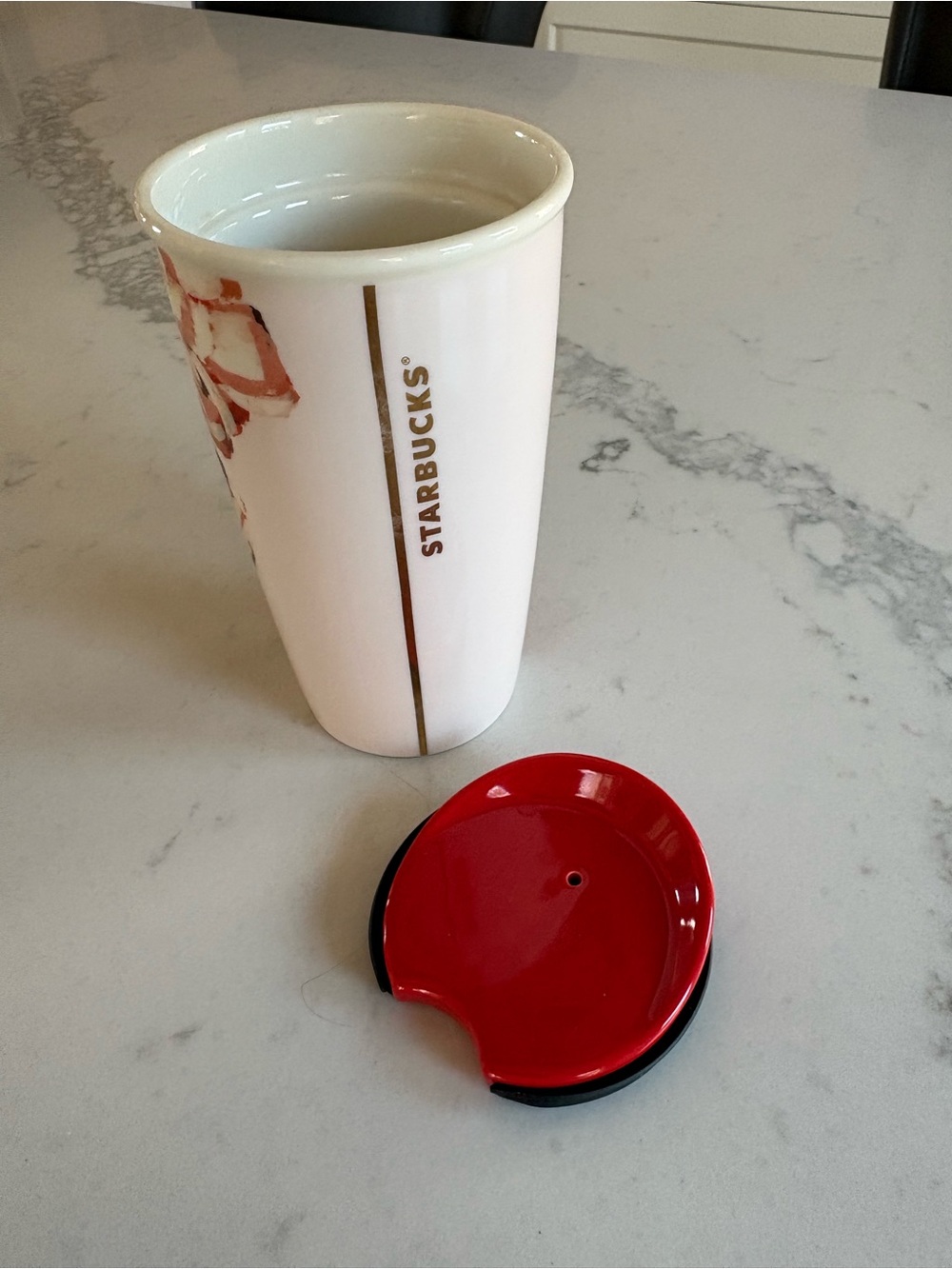 Vintage Starbucks Floral Ceramic Travel Mug with Red Lid and Pink/Green Artwork